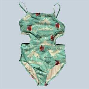 Girls One Piece Swimsuit 8 Mint Green Tropical Cutout Spaghetti